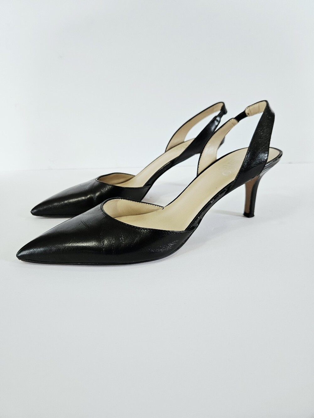 Franco Sarto Tokyo Black Leather Pointed Toe Slingback Kitten Heel Pumps 8.5